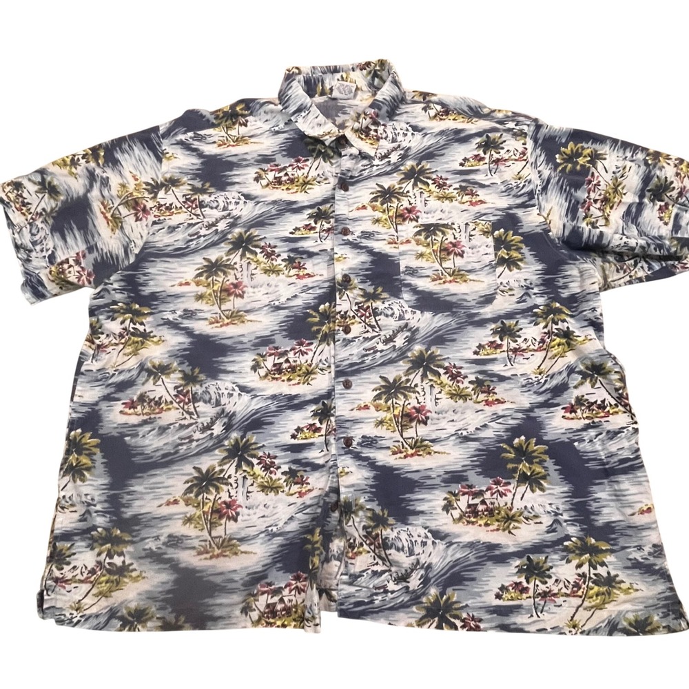 Old Navy Mens XXL Blue Tropical Palm Tree Scenic Button Down Shirt Hawaiian